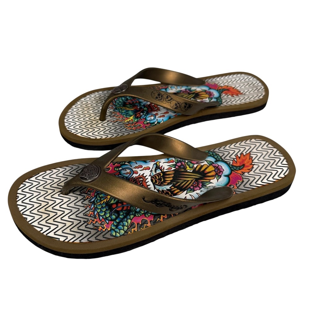 Ed Hardy Mens Eagle Dragon Tattoo Graphic Flip Flop Sandals Bronze Size 11/12